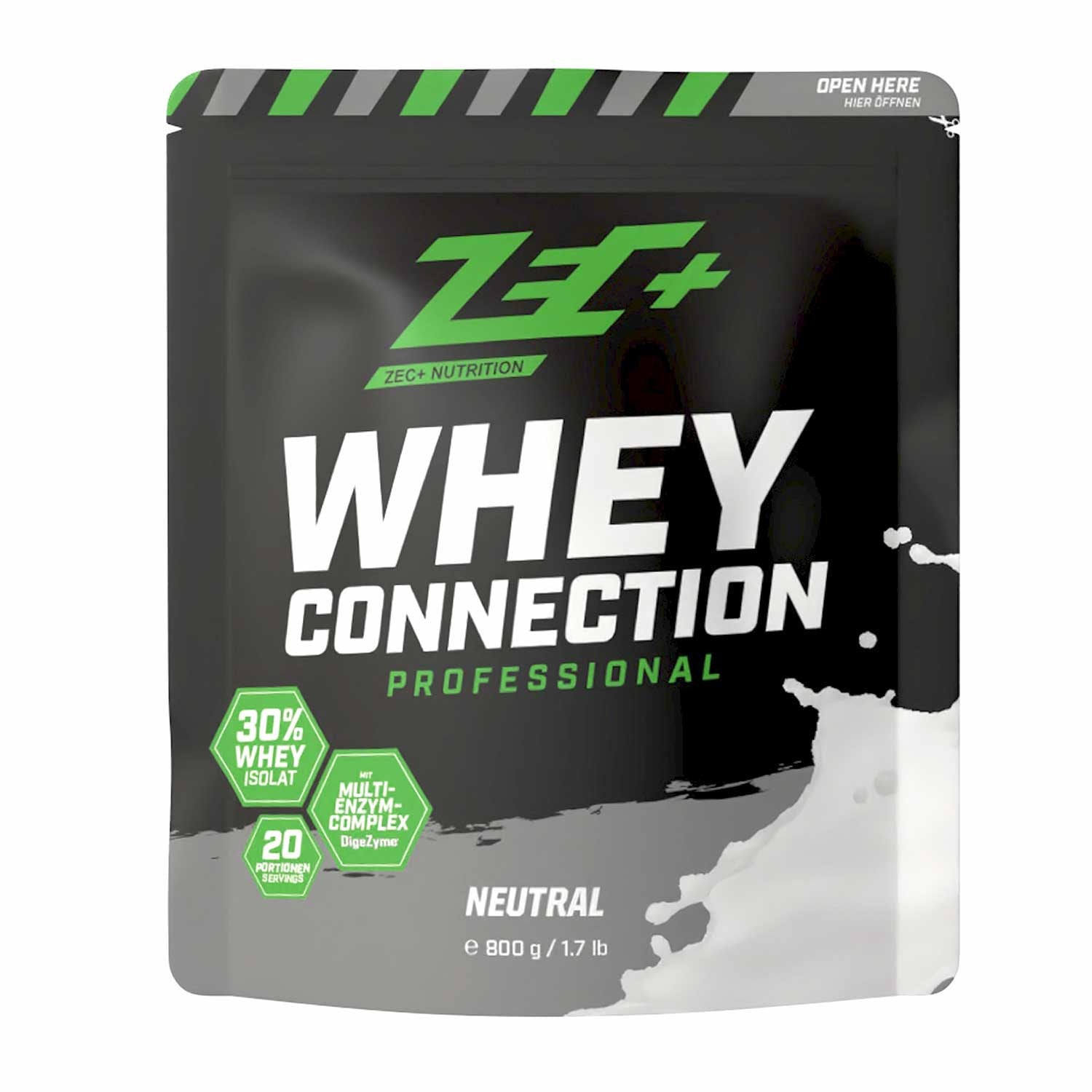 Zecplus Whey Connection Neutral 800g Proteinpulver Vorderseite schwarzer Standbeutel