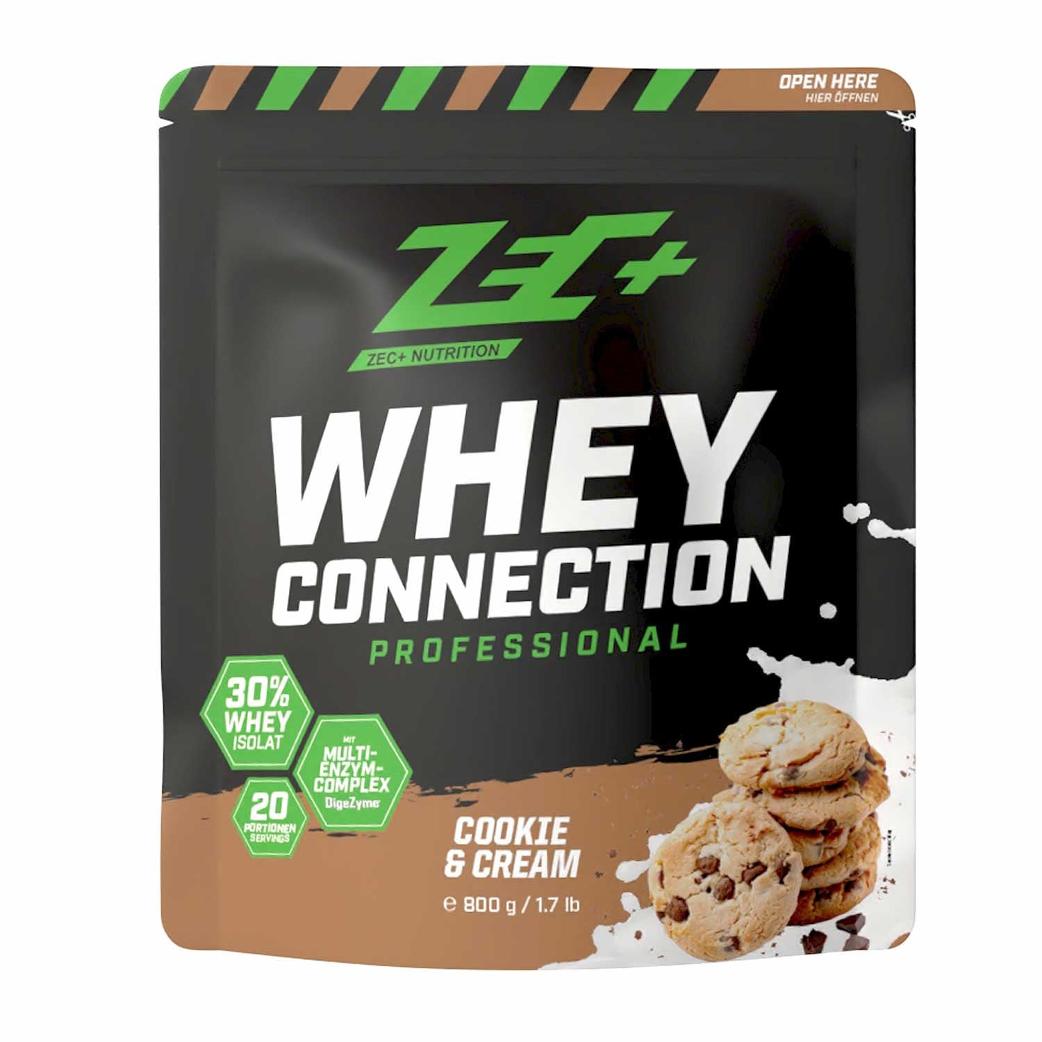 Zecplus Whey Connection Sahnekeks 800g Proteinpulver Vorderseite schwarzer Standbeutel