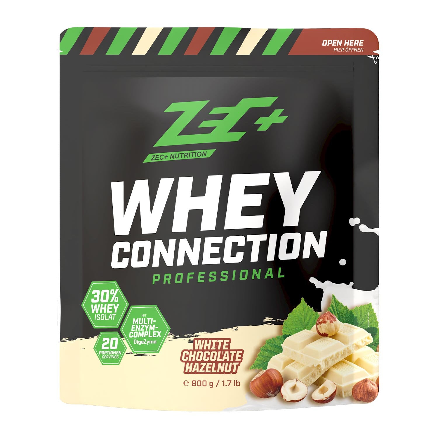 Zecplus Whey Connection Weiße Schokolade Haselnuss 800g Proteinpulver Vorderseite schwarzer  Standbeutel