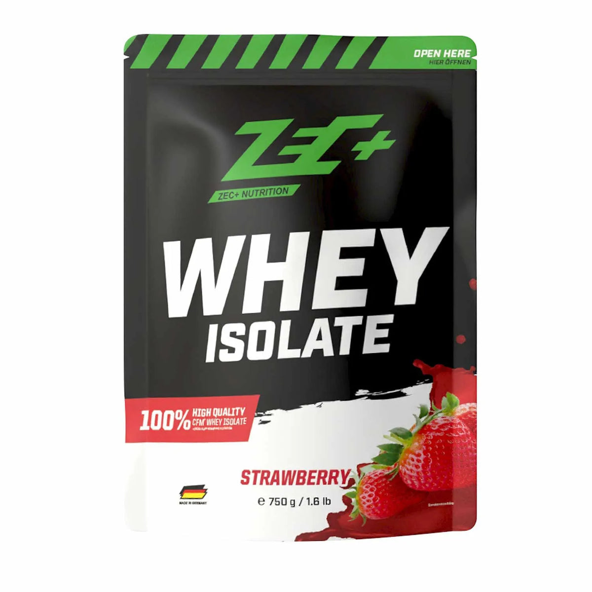 Zecplus Whey Isolate Erdbeere 750g Proteinpulver Vorderseite weiß-grüner Standbeutel