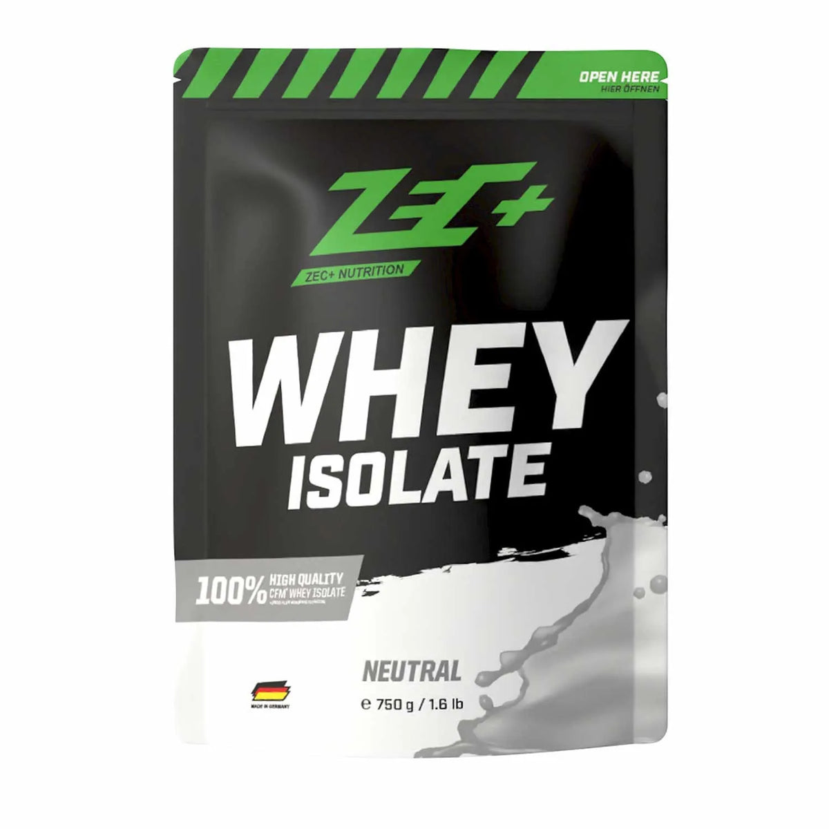 Zecplus Whey Isolate Neutral 750g Proteinpulver Vorderseite weiß-grüner Standbeutel