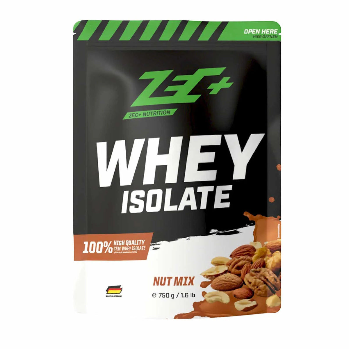 Zecplus Whey Isolate Nuss Mix 750g Proteinpulver Vorderseite weiß-grüner Standbeutel