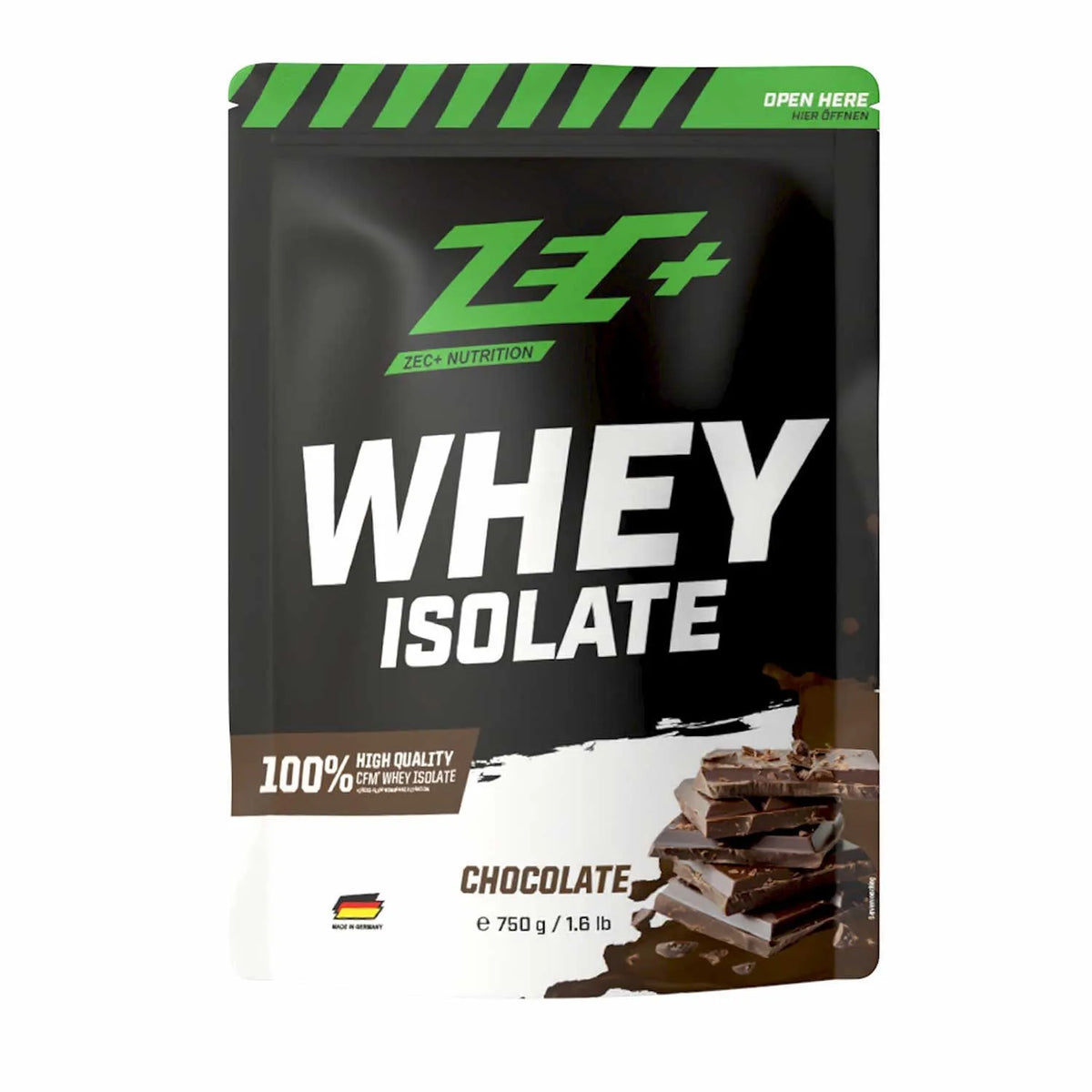 Zecplus Whey Isolate Schokolade 750g Proteinpulver Vorderseite weiß-grüner Standbeutel