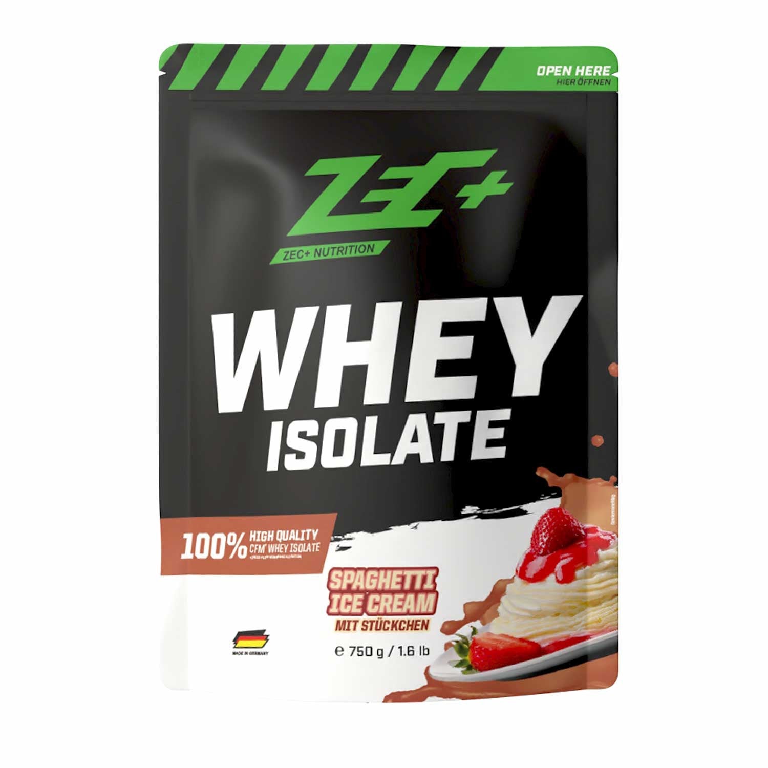 Zecplus Whey Isolate Spaghetti Eis 750g Proteinpulver Vorderseite schwarzer Standbeutel