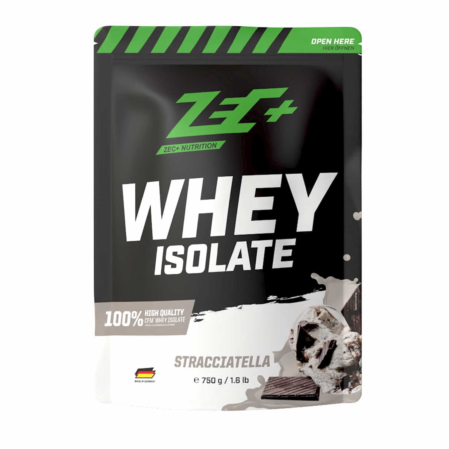 Zecplus Whey Isolate Stracciatella 750g Proteinpulver Vorderseite schwarzer Standbeutel