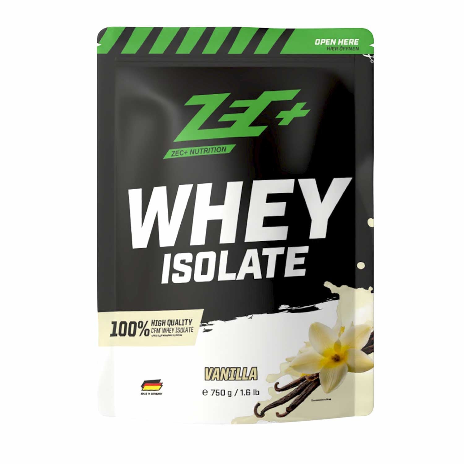 Zecplus Whey Isolate Vanille 750g Proteinpulver Vorderseite schwarzer Standbeutel