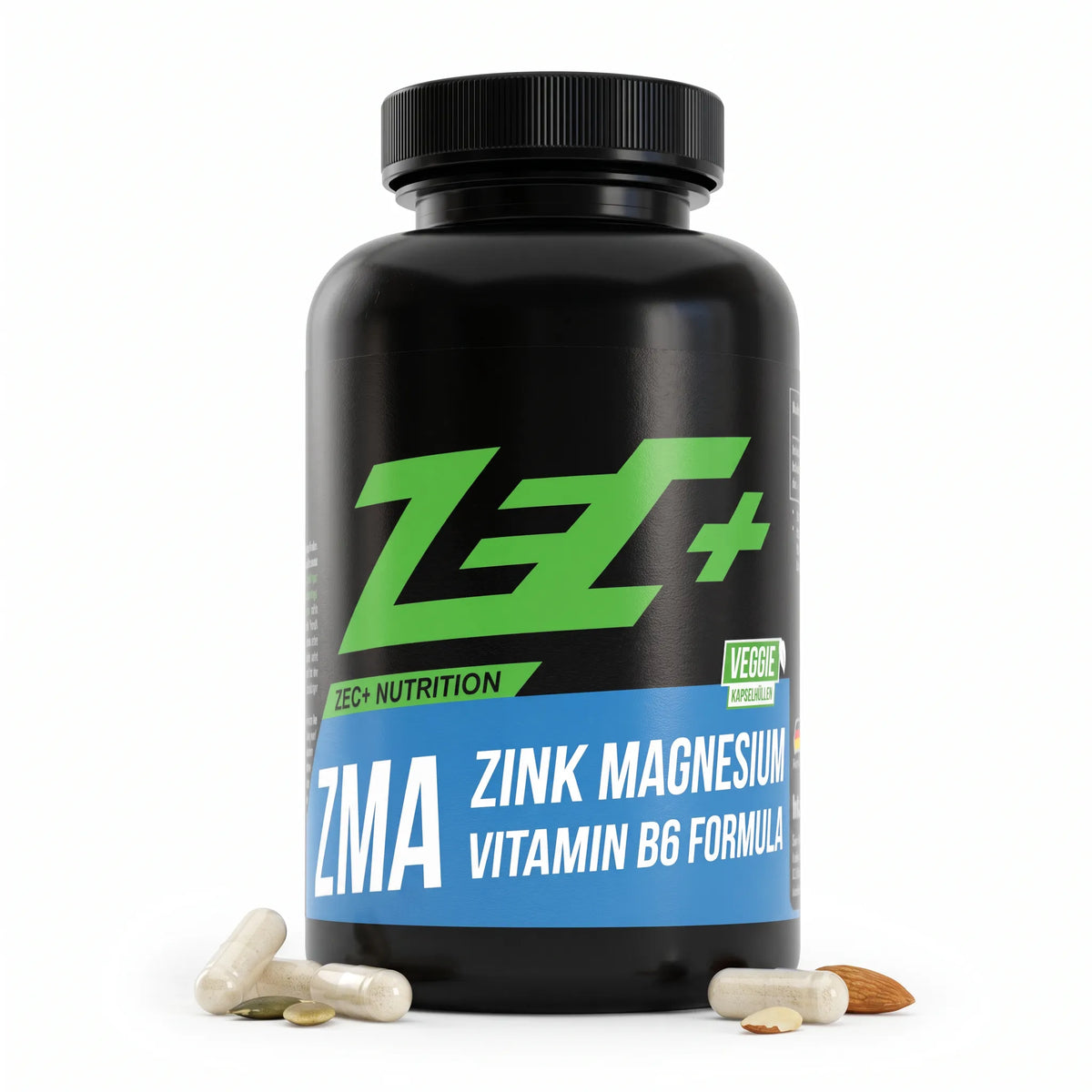 Zecplus ZMA Zink-Magnesium 90 Kapseln Vorderseite schwarze Kunststoffdose