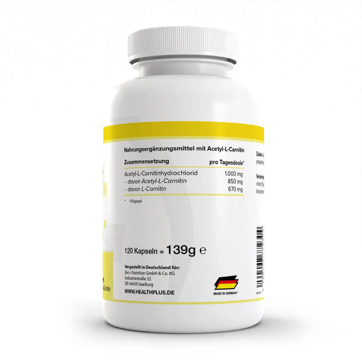 Healthplus Acetyl L Carnitin Kapseln 120 Stück Rückseite Nährwerte Zusammensetzung weiße Kunststoffdose