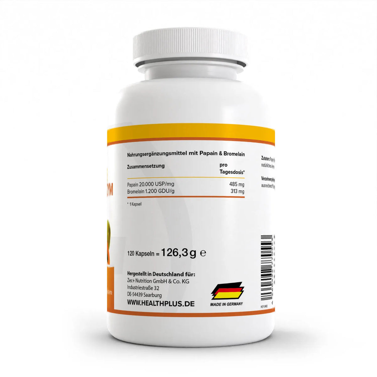 Healthplus Ananas Papaya Enzym Kapseln 120 Stück Vorderseite weiße Kunststoffdose