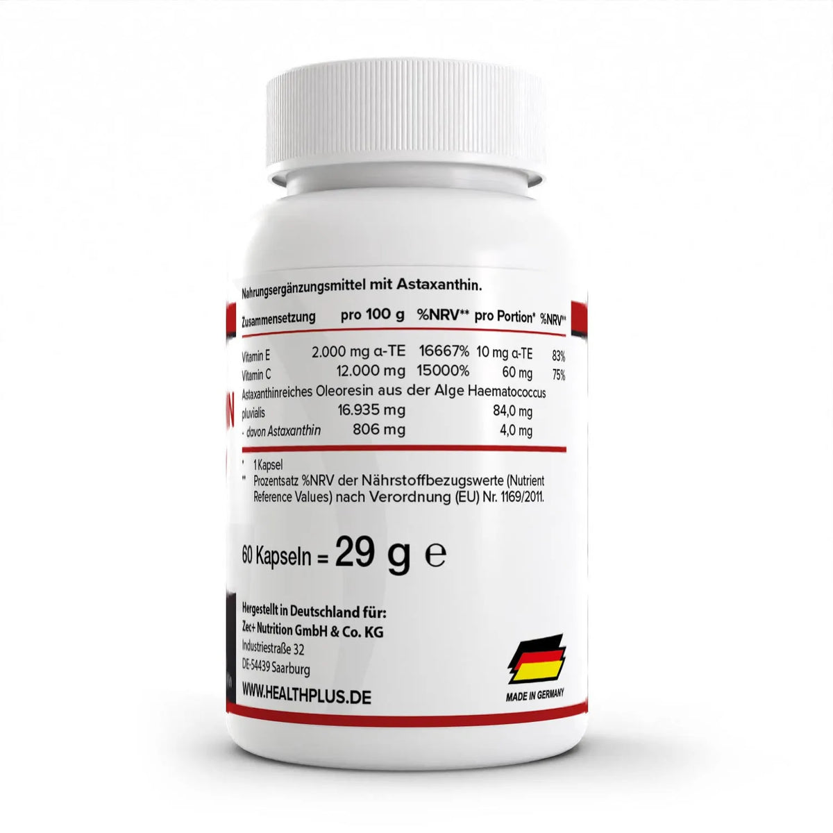 Healthplus Astaxanthin Kapseln 60 Stück Rückseite Nährwerte weiße Kunststoffdose  