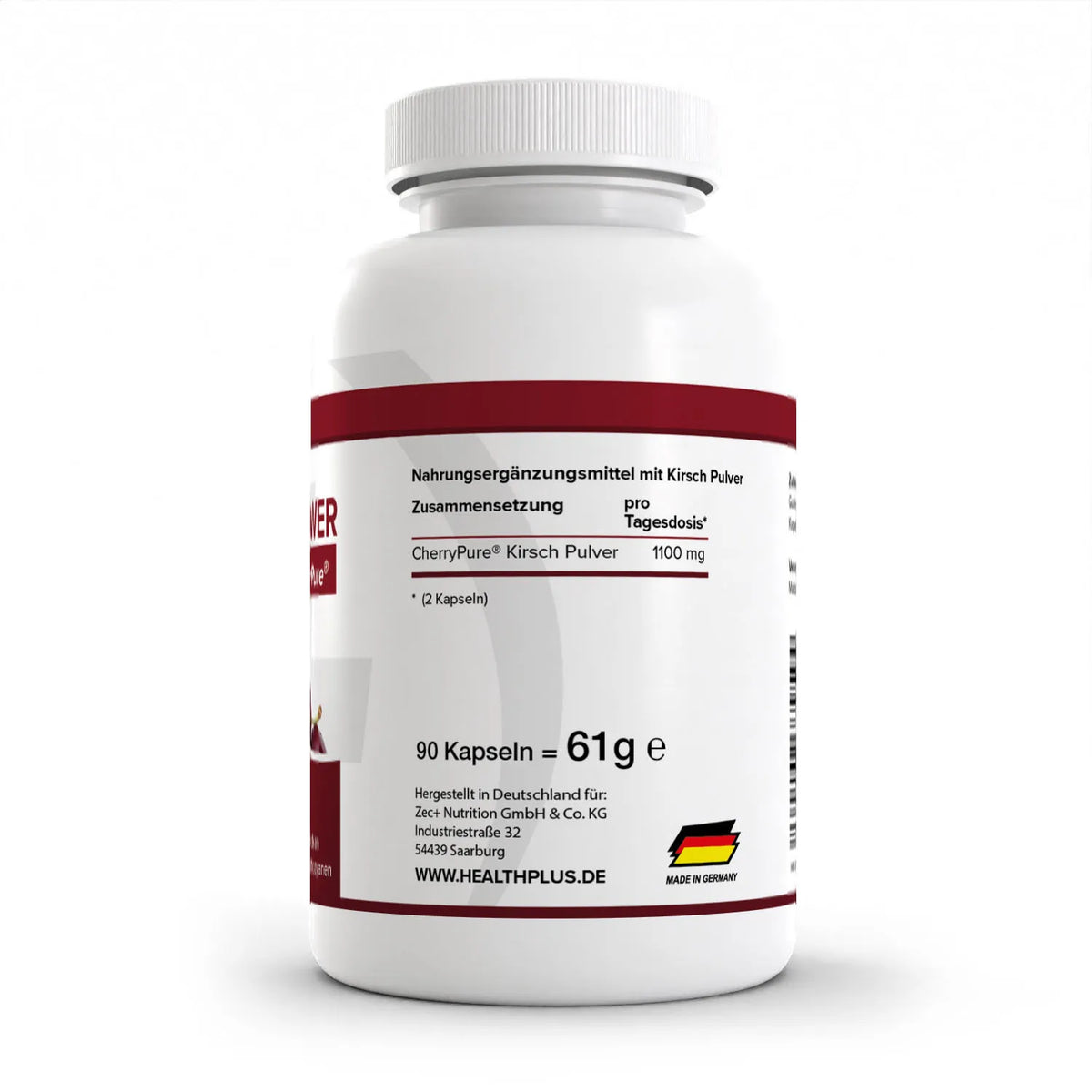 Healthplus Cherry Power Kirschextrakt Kapseln 90 Stück Rückseite Nährwerte weiße Kunststoffdose