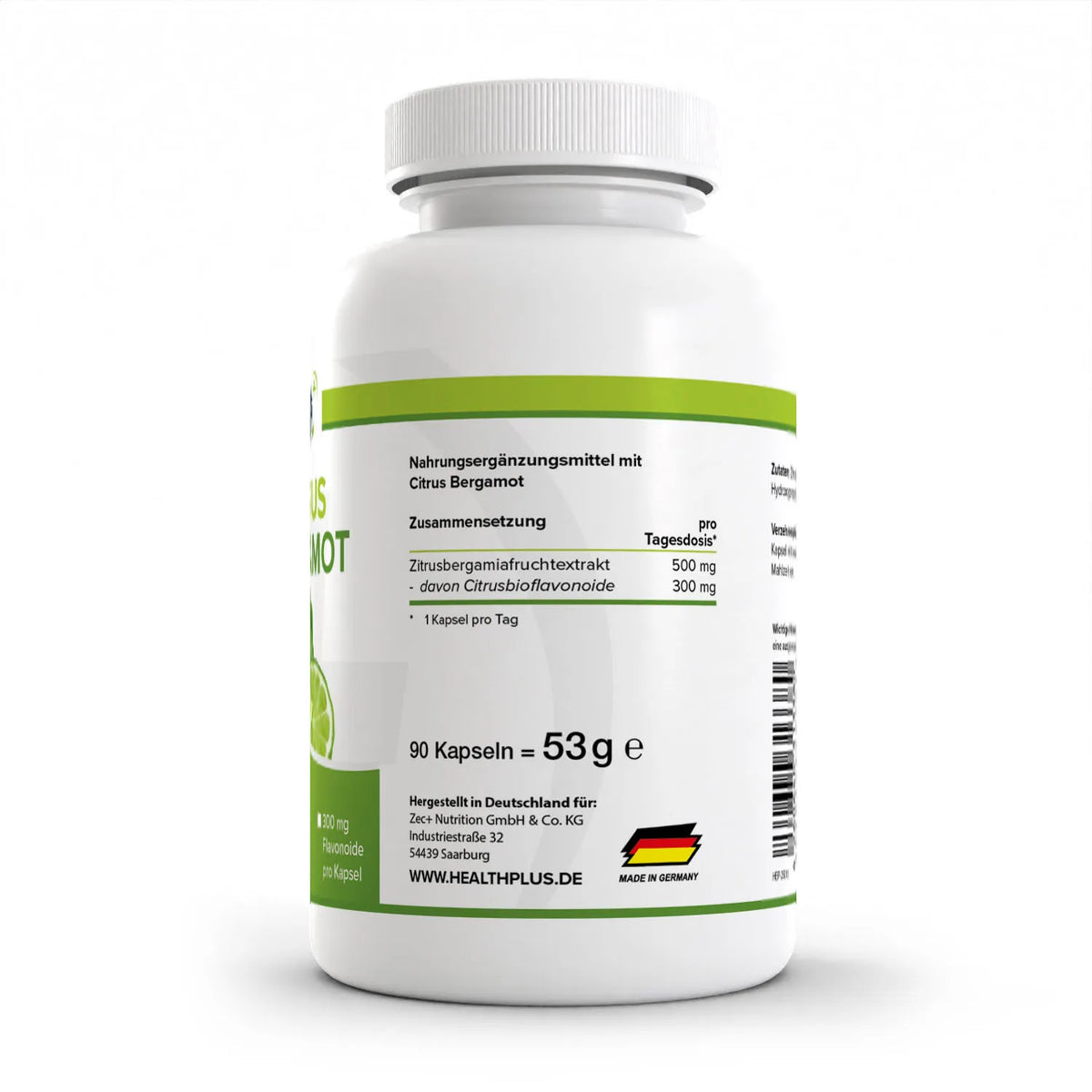 Healthplus Citrus Bergamot Bergamotte Kapseln 90 Stück Rückseite Nährwerte Zusammensetzung weiße Kunststoffdose 