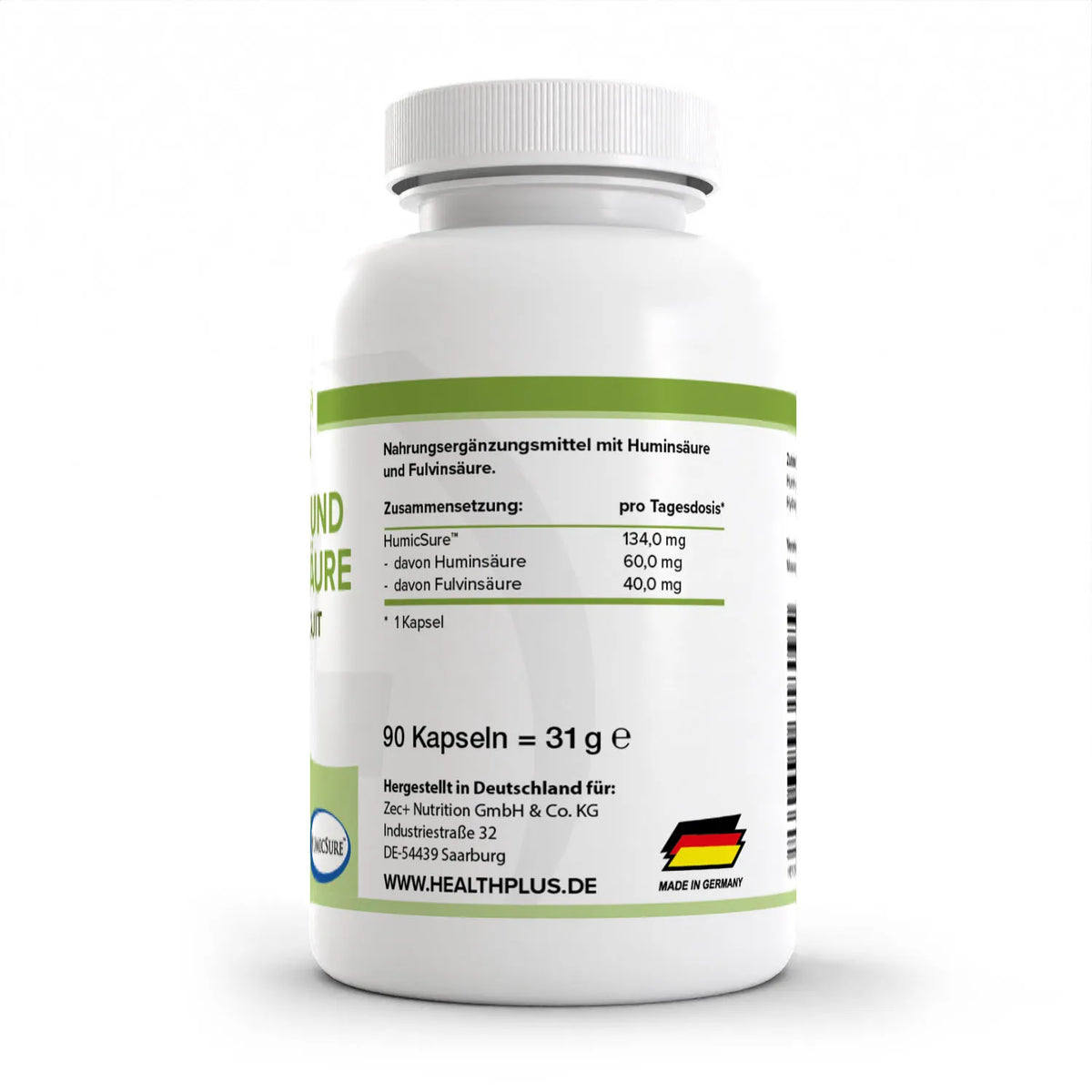 Healthplus Humin- und Fluvinsäure 90 Kapseln Rückseite Nährwerte Zusammensetzung weiße Kunststoffdose