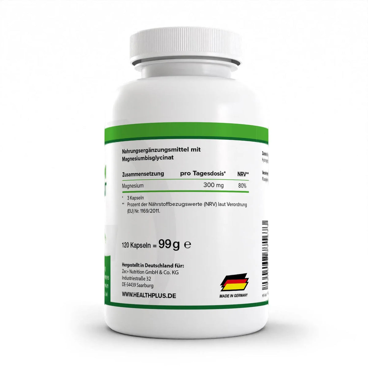 Healthplus Magnesiumbisglycinat 120 Kapseln Rückseite Nährwerte Zusammensetzung weiße Kunststoffdose