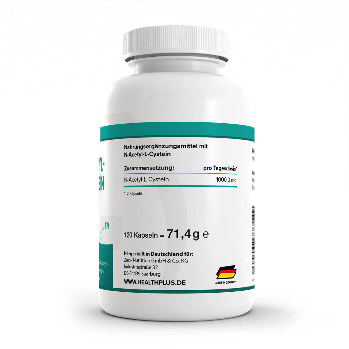 Healthplus N-Acetyl L-Cystein 120 Kapseln Rückseite Nährwerte Zusammensetzung weiße Kunststoffdose