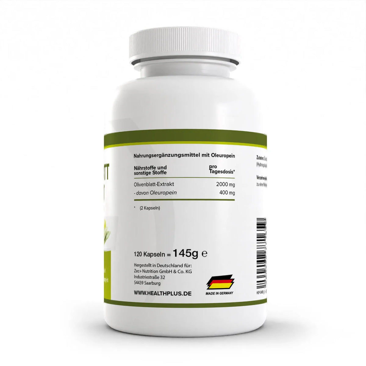 Healthplus Olivenblattextrakt 120 Kapseln Rückseite Nährwerte Zusammensetzung weiße Kunststoffdose