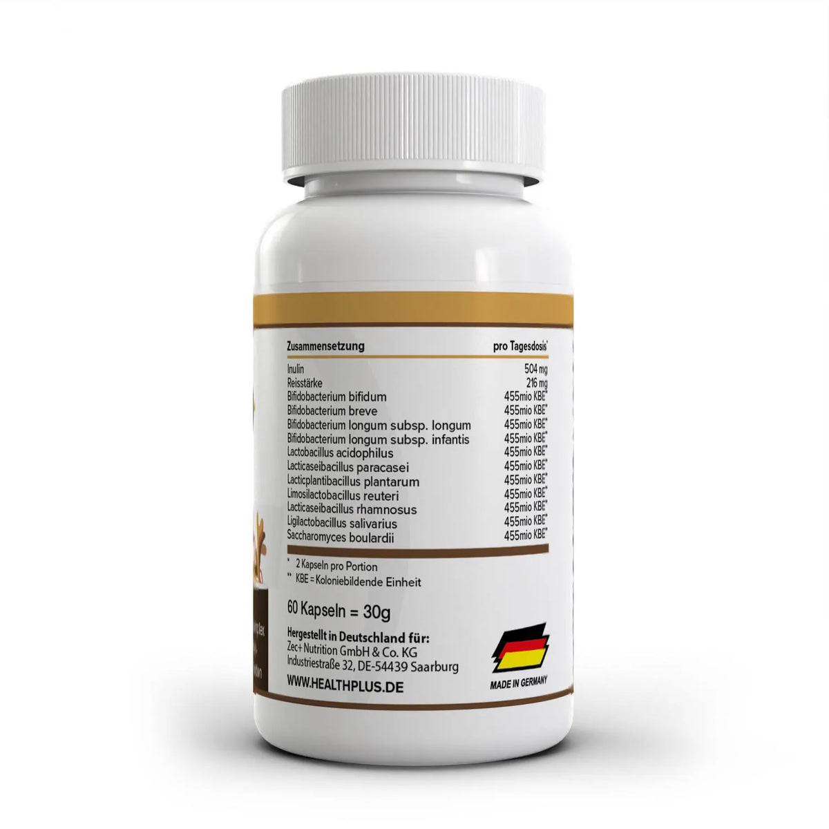 Healthplus PRObio-TECT Probiotika Kapseln 60 Stück Rückseite Zusammensetzung weiße Kunststoffdose