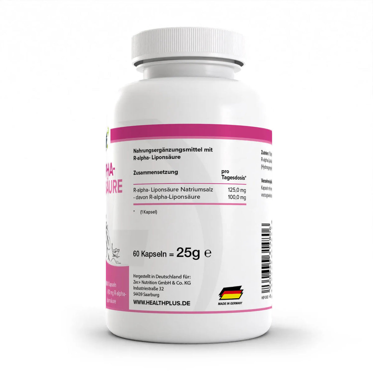 Healthplus R-Alpha-Liponsäure 60Kapseln Rückseite Nährwerte Zusammensetzung weiße Kunststoffdose