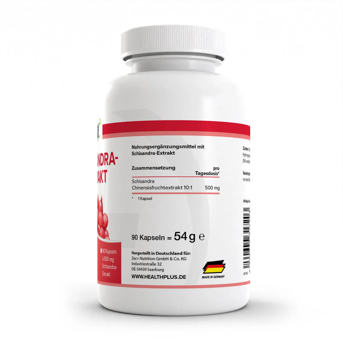 Healthplus Schisandra Extrakt 90 Kapseln Rückseite Nährwerte Zusammensetzung weiße Kunststoffdose