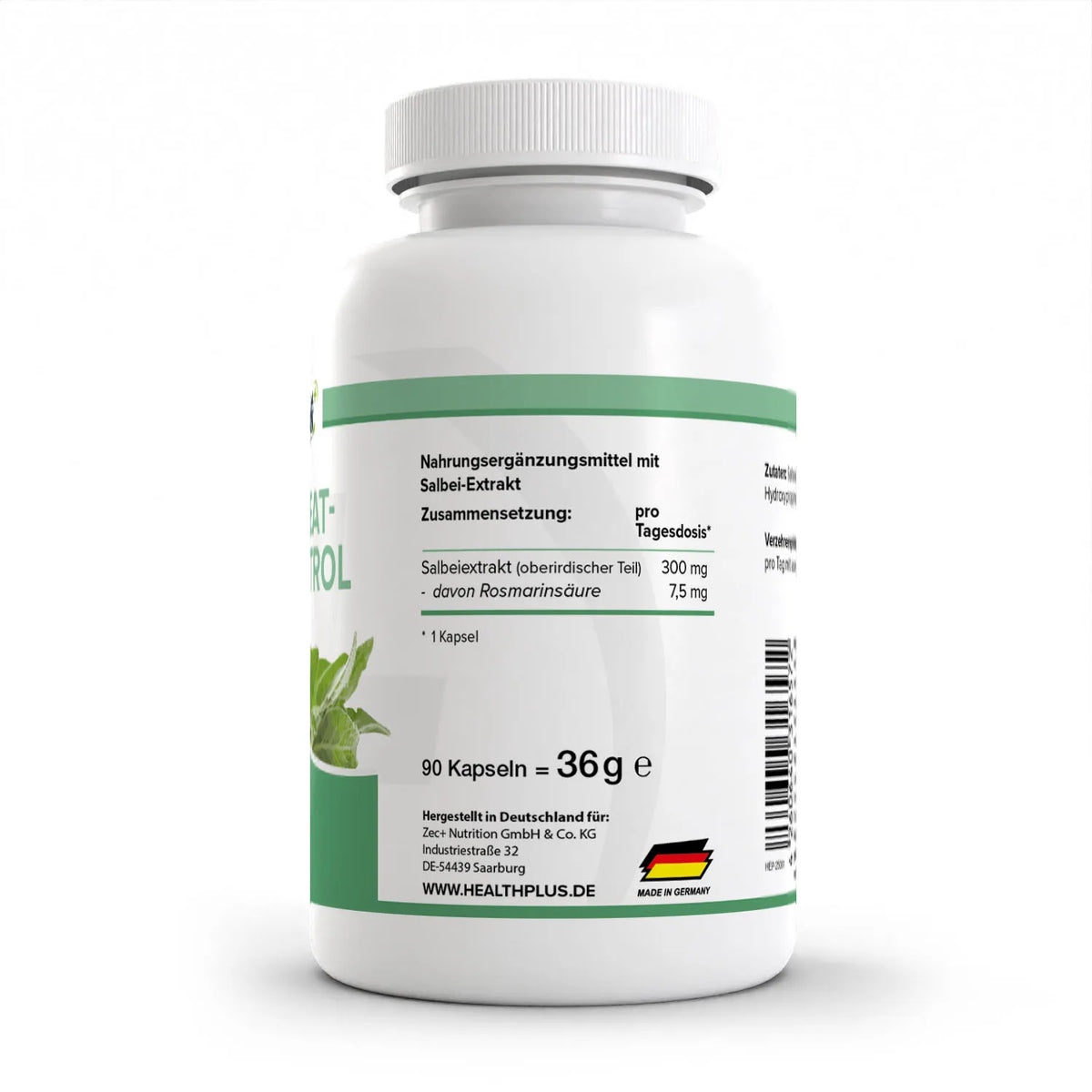 Healthplus Sweat Control Salbeiextrakt 90 Kapseln Rückseite Nährwerte Zusammensetzung weiße Kunststoffdose