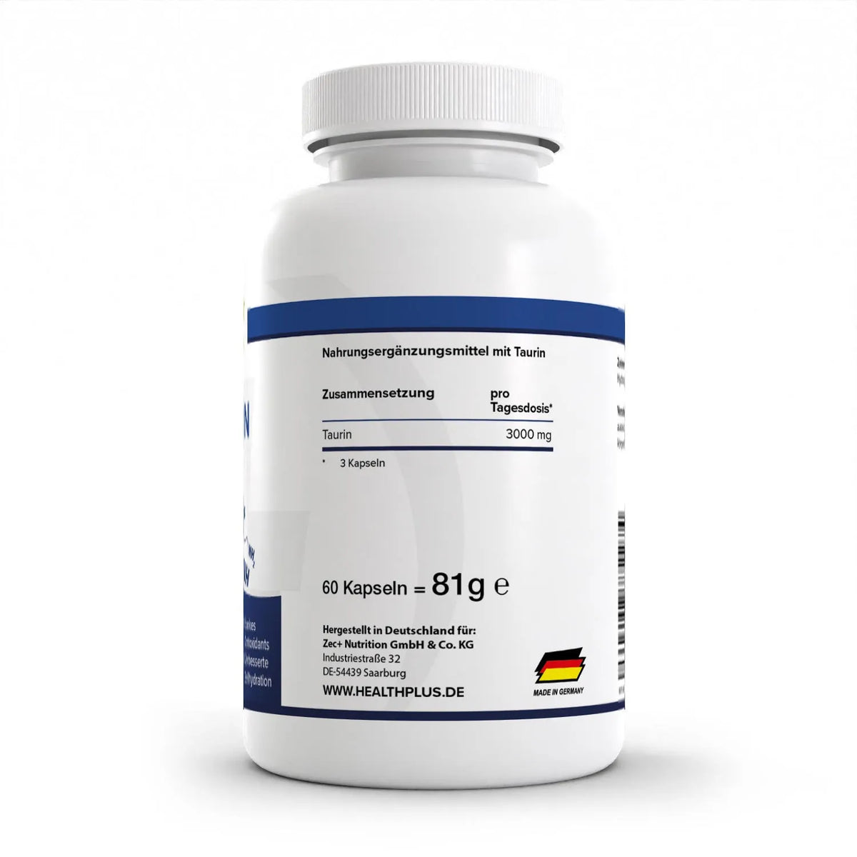 Healthplus Taurin 60 Kapseln Rückseite Nährwerte Zusammensetzung weiße Kunststoffdose