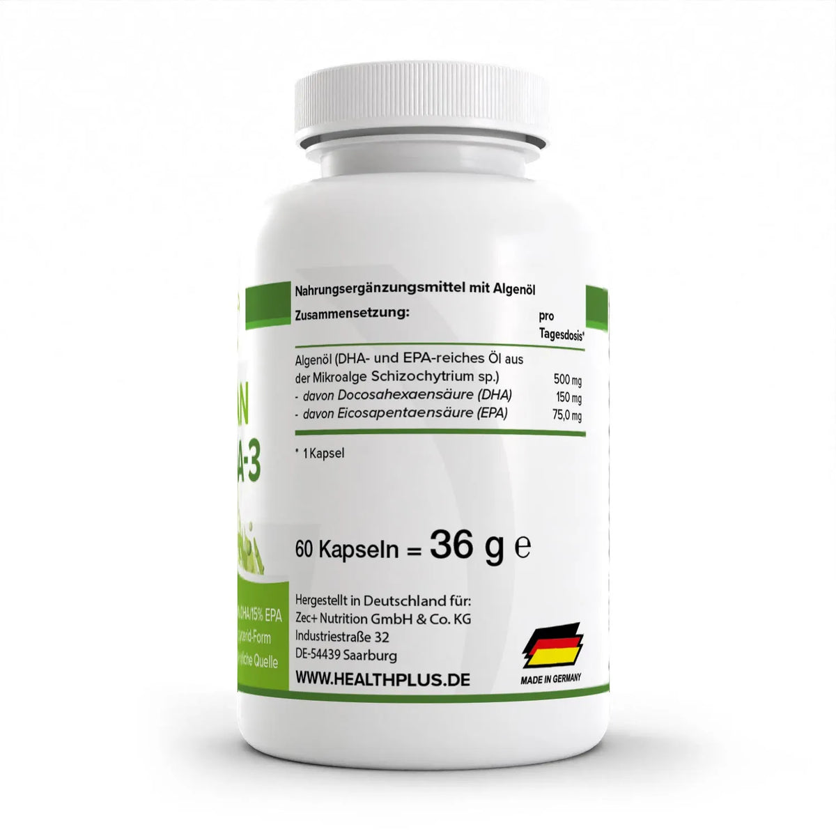 Healthplus Vegan Omega 3 Algenöl Kapseln 60 Stück Rückseite Nährwerte weiße Kunststoffdose