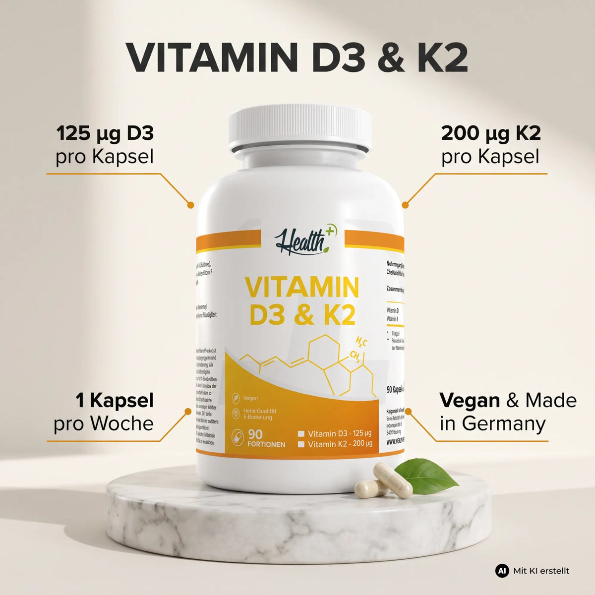 HEALTH+ VITAMIN D3 & K2, 90 Kapseln