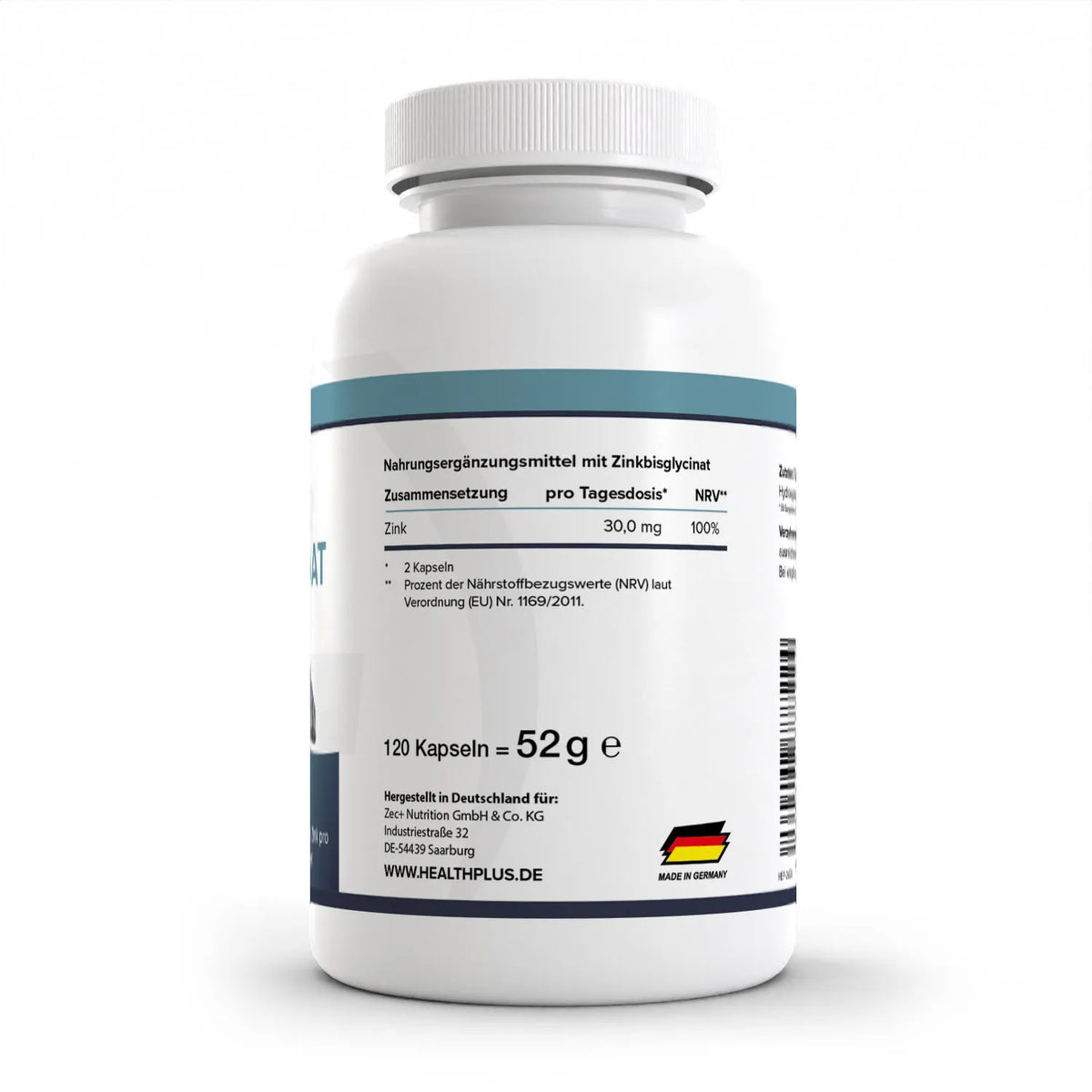 Healthplus Zinkbisglycinat 120 Kapseln Rückseite Nährwerte Zusammensetzung weiße Kunststoffdose