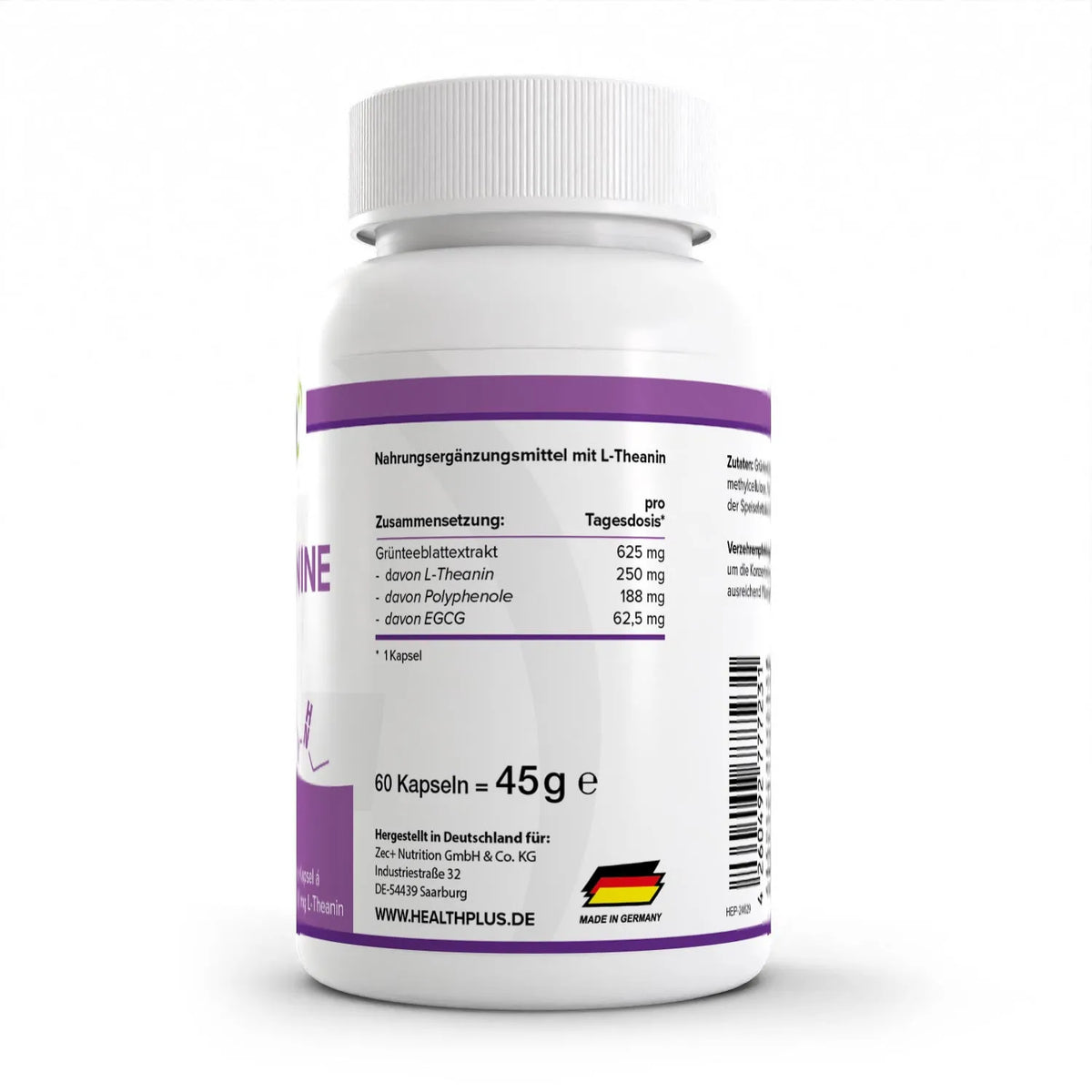 Healthplus L-Theanin 60 Kapseln Rückseite Nährwerte Zusammensetzung weiße Kunststoffdose