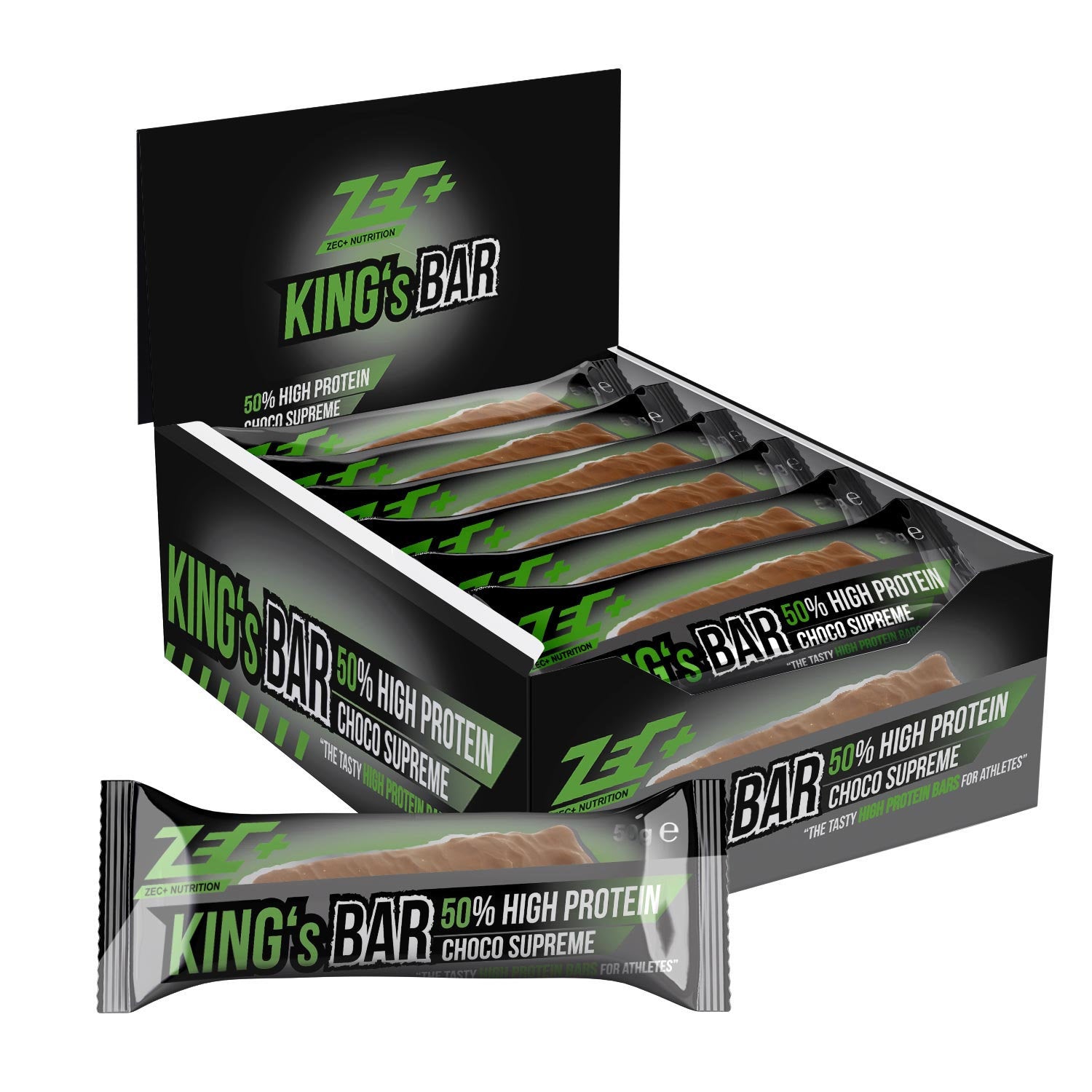 Zecplus Kings Bar Proteinriegel 50% Proteingehalt Choco Supreme schwarze Packung 1200g mit 24 Einzelriegeln 