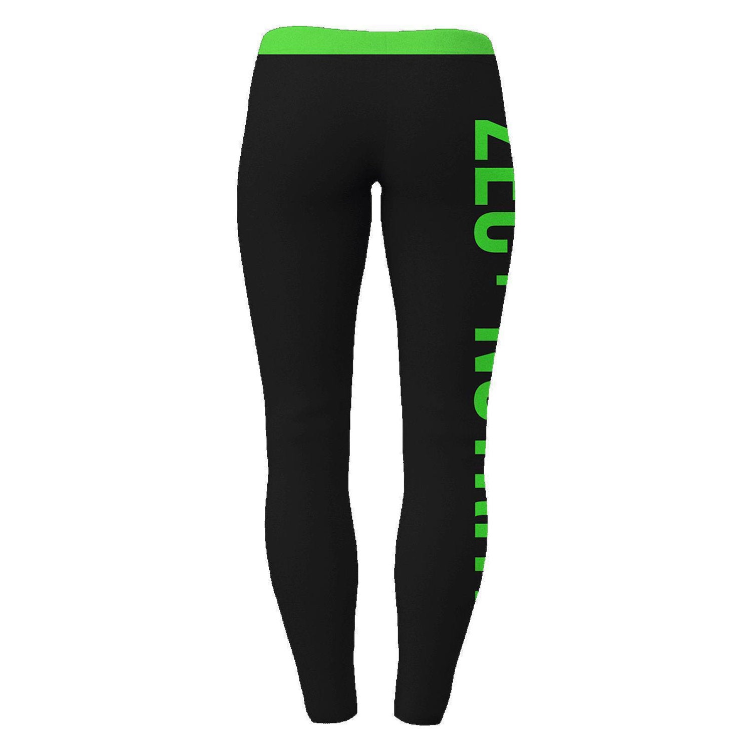 Schwarze Damen-Leggings mit grünem Bund und großem Zec+ Nutrition Schriftzug hinten