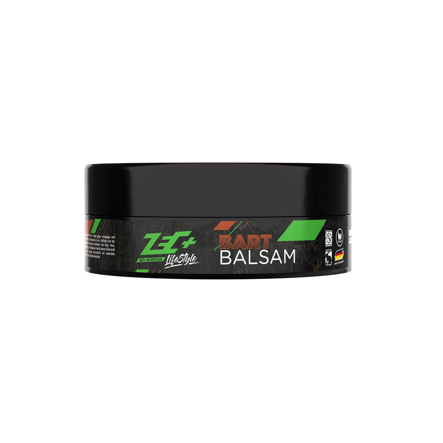 Zecplus Lifestyle Bart Balsam Seitenansicht schwarze Dose mit Etikett Bartpflege Logo