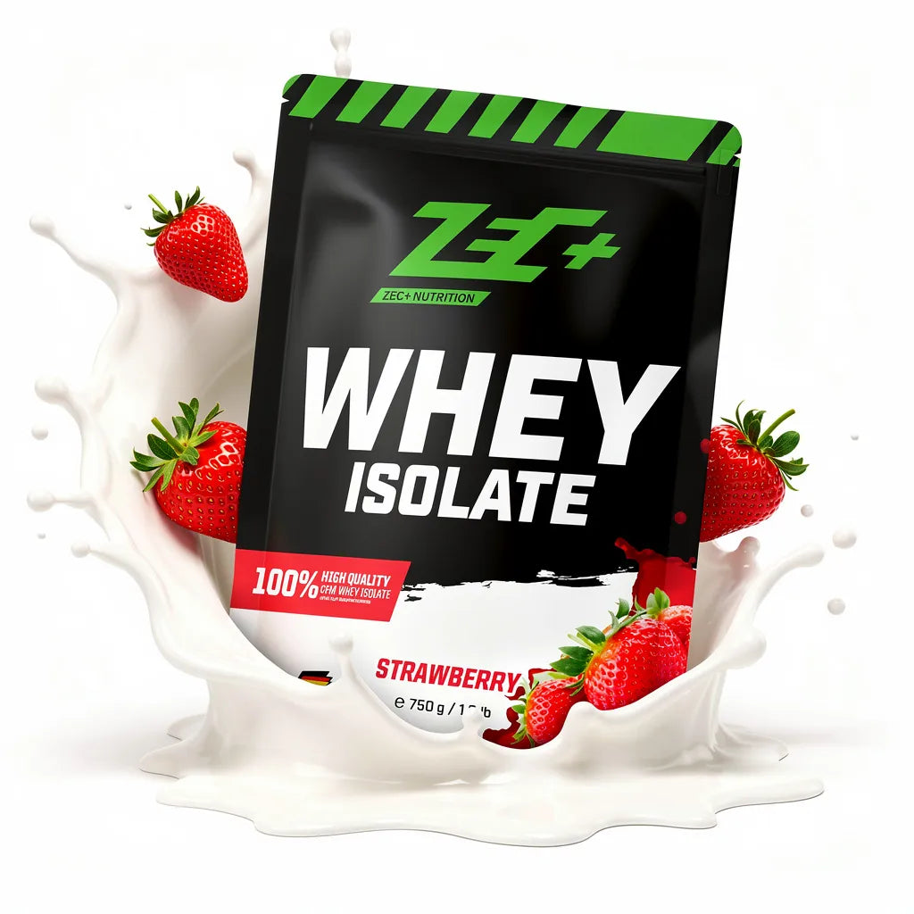 Zecplus Whey Isolate Erdbeere 750g Proteinpulver Vorderseite weiß-grüner Standbeutel mit Illustration Geschmacksrichtung