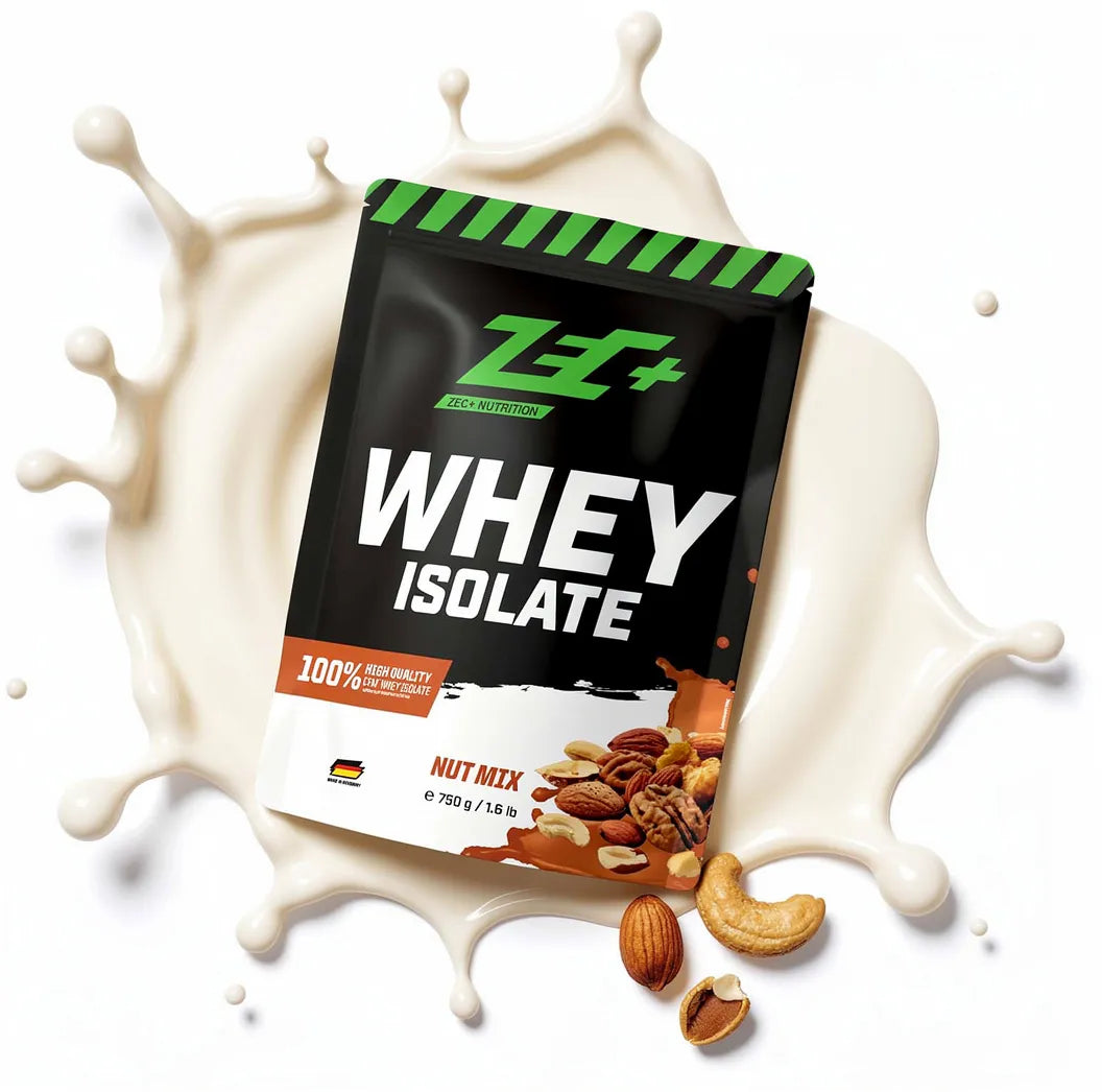 Zecplus Whey Isolate Nuss Mix 750g Proteinpulver Vorderseite weiß-grüner Standbeutel mit Illustration Geschmacksrichtung