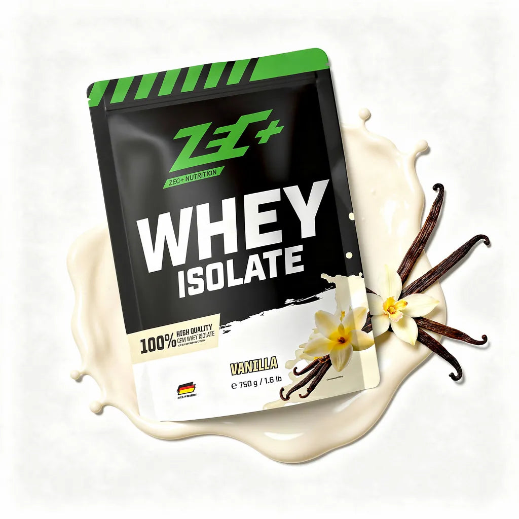 Zecplus Whey Isolate Vanille 750g Proteinpulver Vorderseite weiß-grüner Standbeutel mit Illustration Geschmacksrichtung