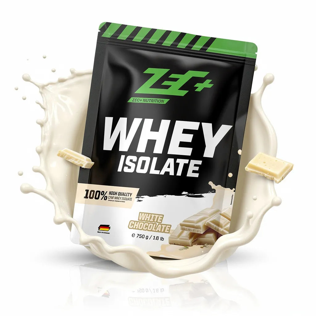 Zecplus Whey Isolate White Chocolate 750g Proteinpulver Vorderseite weiß-grüner Standbeutel mit Illustration Geschmacksrichtung