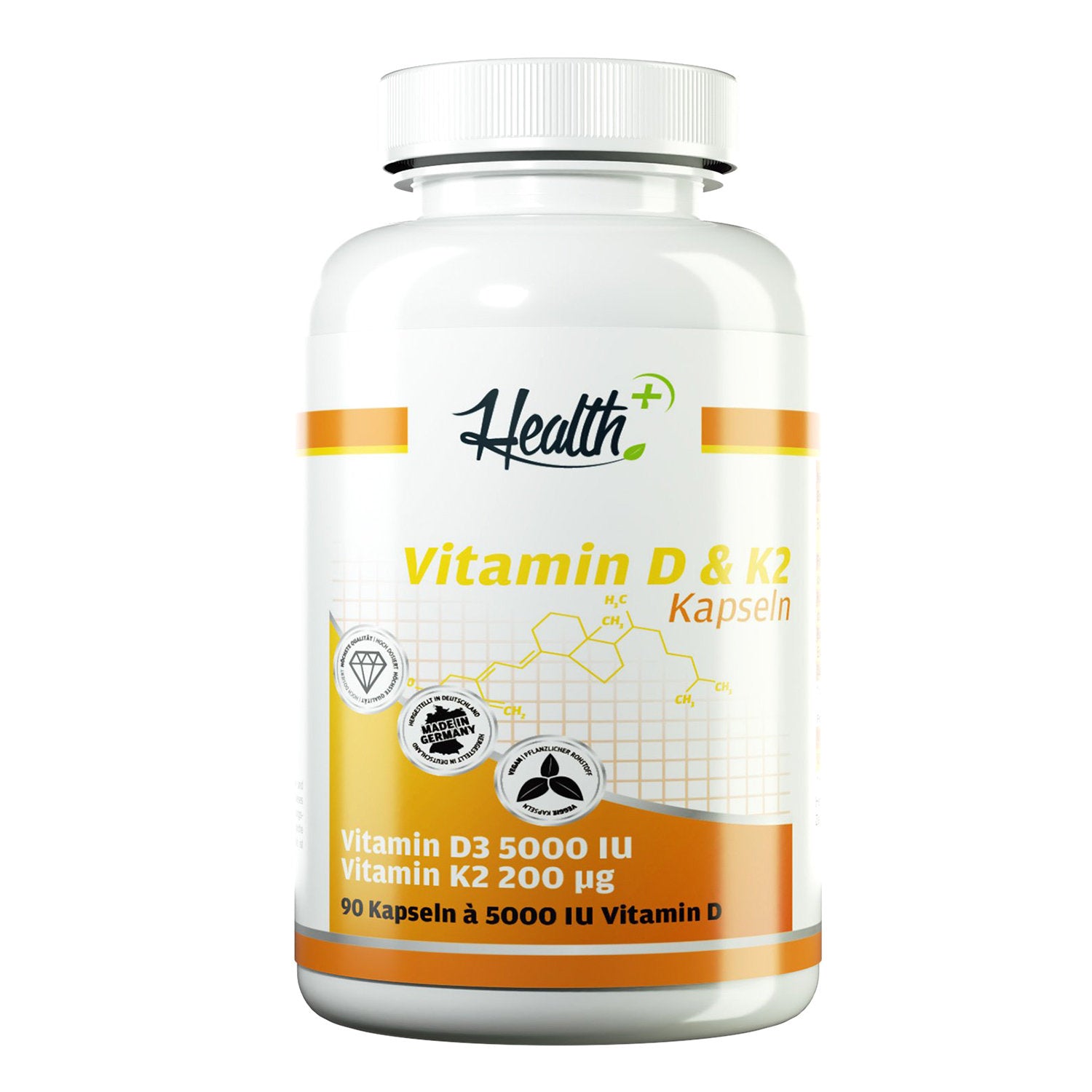 Healthplus Vitamin D3 K2 Kapseln Vorderseite weiße Kunststoffdose