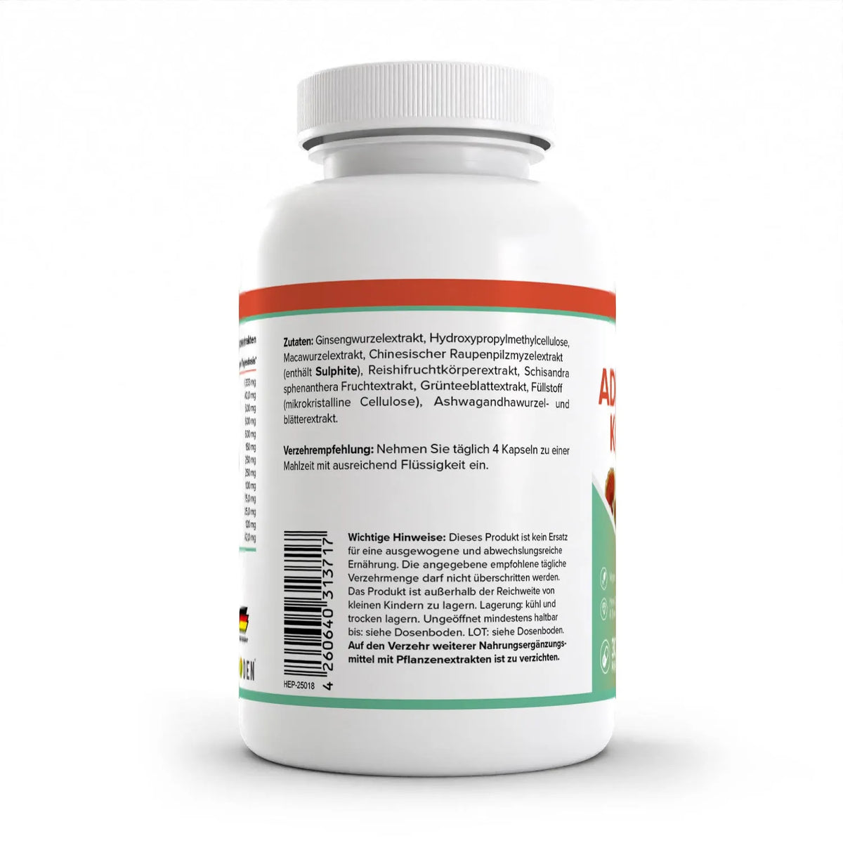 Healthplus Adaptogen Komplex Kapseln 120 Stück Rückseite Zutaten weiße Kunststoffdose