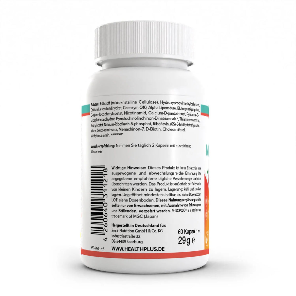 Healthplus All in One Multivitamin Komplex Kapseln 60 Stück Rückseite Zutaten weiße Kunststoffdose