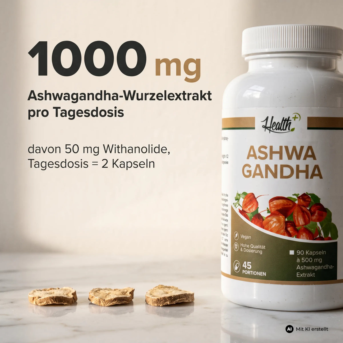 HEALTH+ ASHWAGANDHA mit KSM-66, 90 Kapseln