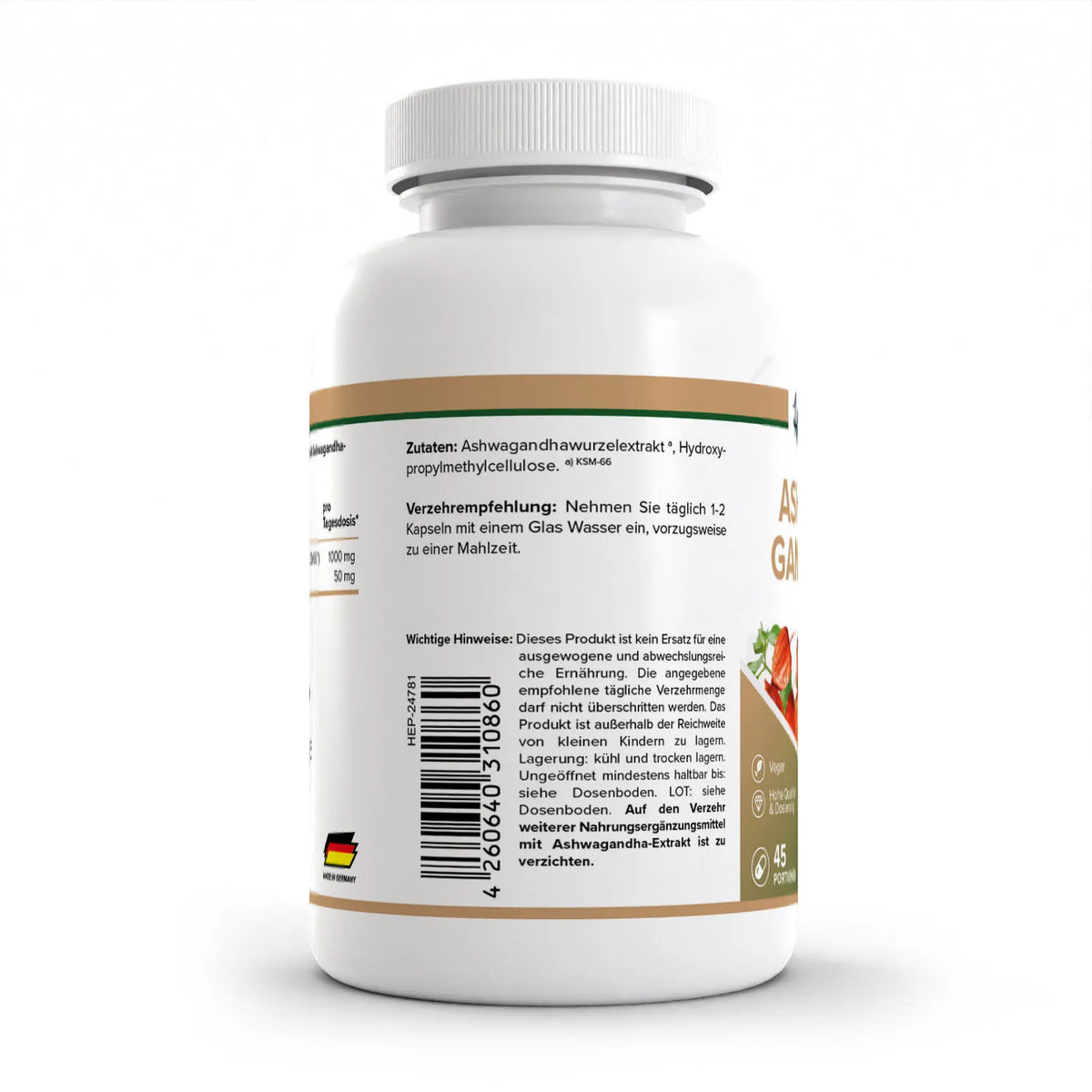 Healthplus Ashwagandha Kapseln 90 Stück Rückseite Zutaten weiße Kunststoffdose
