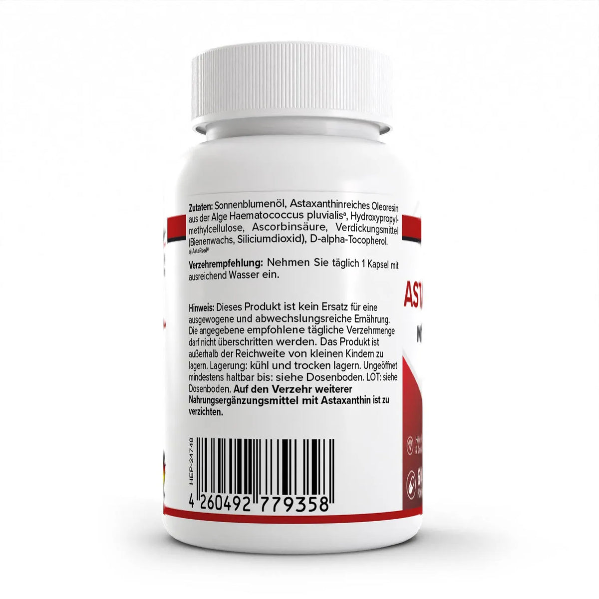 Healthplus Astaxanthin Kapseln 60 Stück Rückseite Zutaten weiße Kunststoffdose  