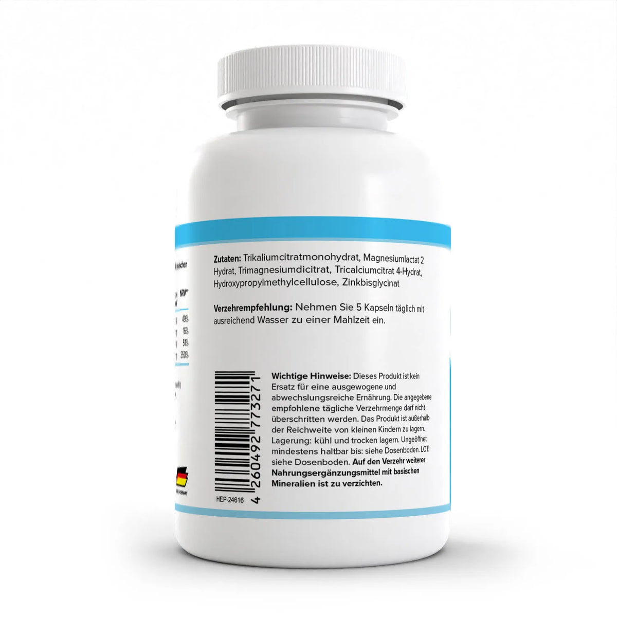 Healthplus Basische Mineralien Kapseln 150 Stück Rückseite Zutaten weiße Kunststoffdose