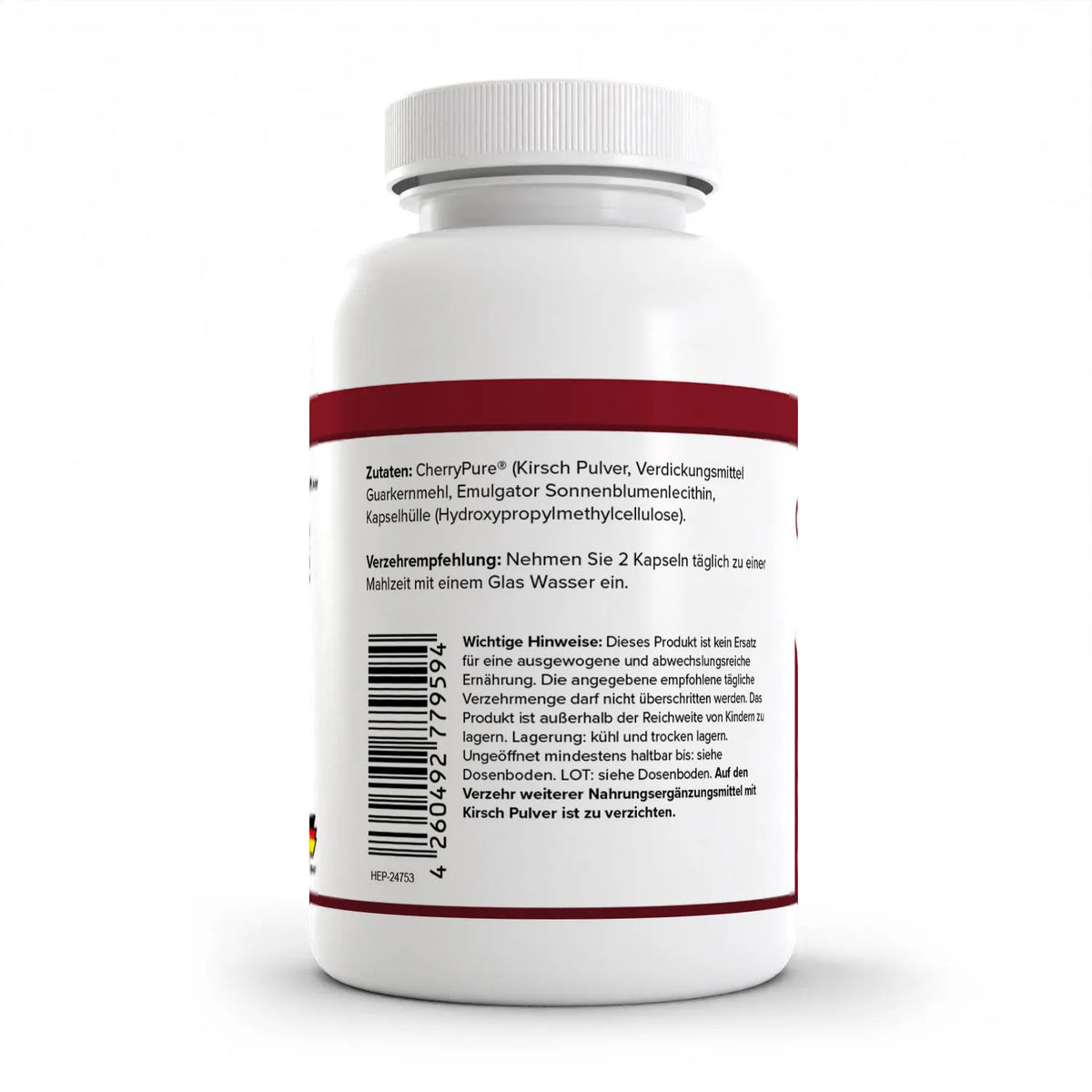 Healthplus Cherry Power Kirschextrakt Kapseln 90 Stück Rückseite Zutaten weiße Kunststoffdose