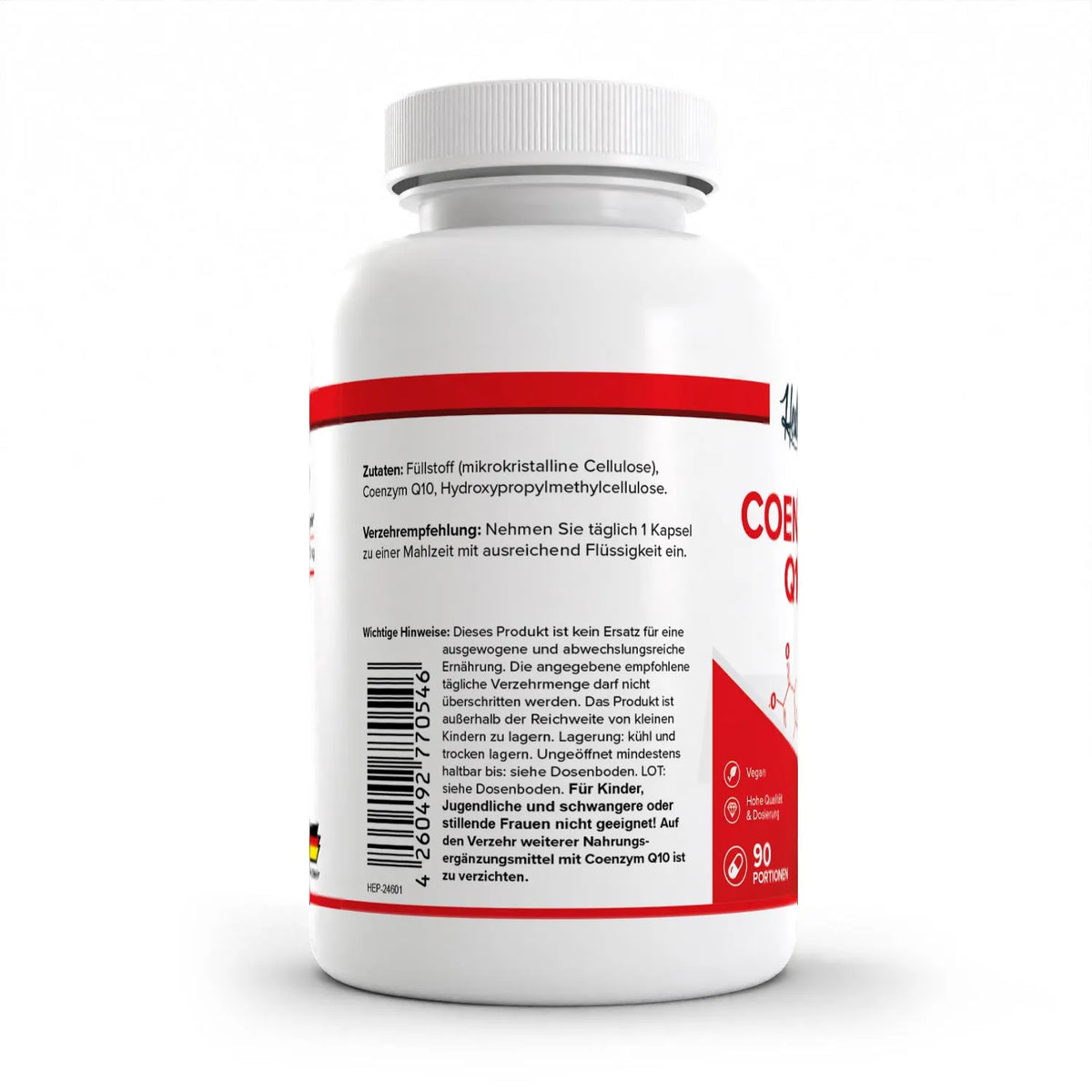 Healthplus Coenzym Q10 Kapseln 90 Stück Rückseite Zutaten und Verzehrempfehlung weiße Kunststoffdose 