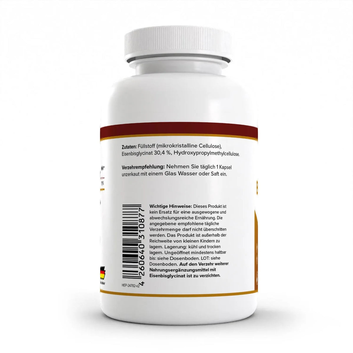 Healthplus Eisenbisglycinat 120 Kapseln Rückseite Zutaten und Verzehrempfehlung weiße Kunststoffdose