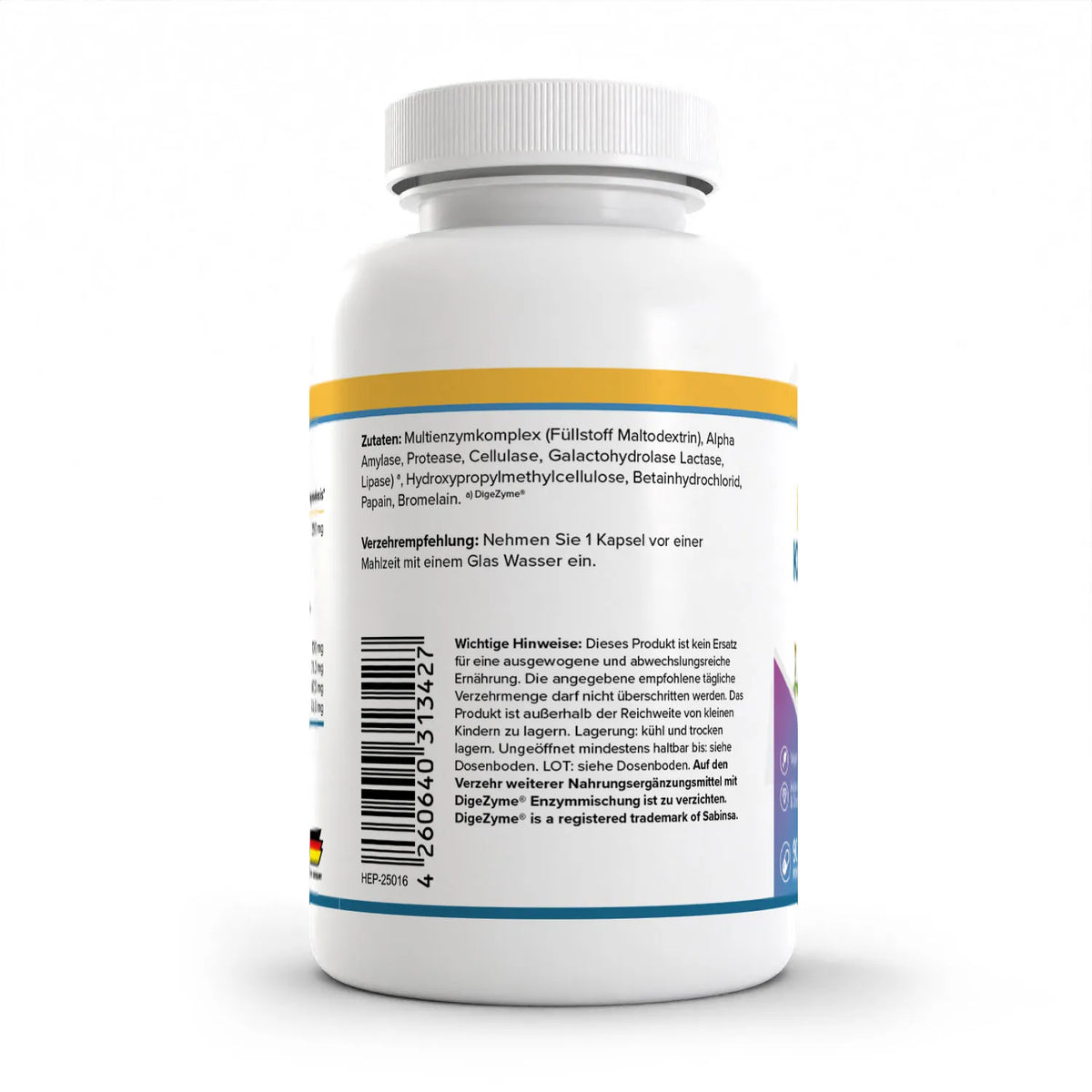 Healthplus Enzym Komplex Kapseln 90 Stück Rückseite Zutaten und Verzehrempfehlung weiße Kunststoffdose