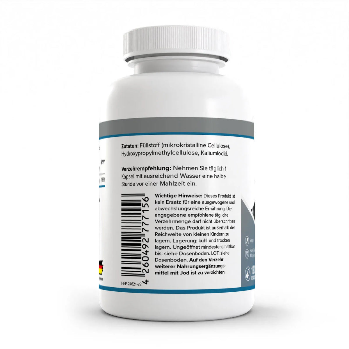 Healthplus Jod 120 Kapseln Rückseite Zutaten und Verzehrempfehlung weiße Kunststoffdose