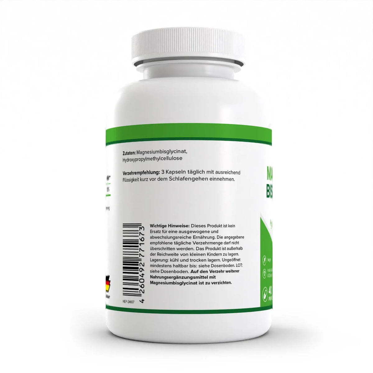 Healthplus Magnesiumbisglycinat 120 Kapseln Rückseite Zutaten und Verzehrempfehlung weiße Kunststoffdose
