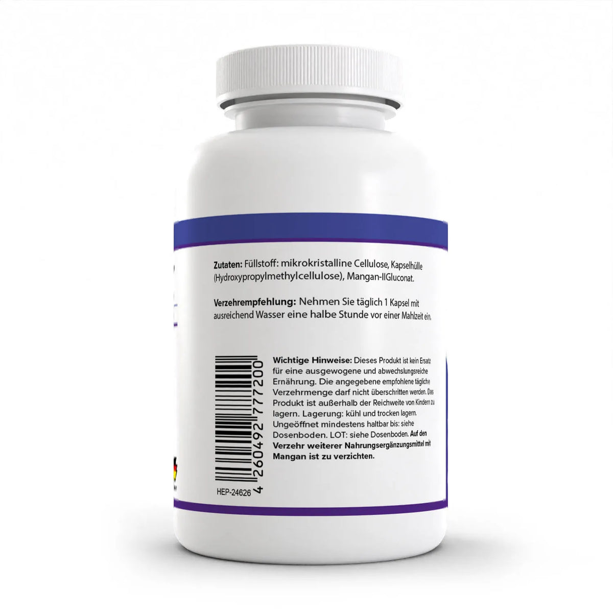 Healthplus Mangan 90 Kapseln Rückseite Zutaten und Verzehrempfehlung weiße Kunststoffdose